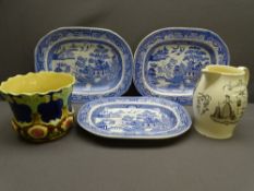 MAJOLICA STYLE PLANTER, Farmer's Arms jug and three good blue and white meat platters