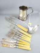 EPNS WARE including a large sauce ladle, a wooden bottomed tankard, a pierced fish slice and fork