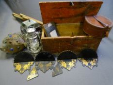 LEATHER COLLAR BOX, vintage hanging lamps, lacquered wall brackets, wooden box ETC