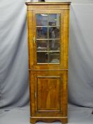 REPRODUCTION WALNUT STANDING CORNER CABINET, 8 pane glazed top door and shaped interior shelves with