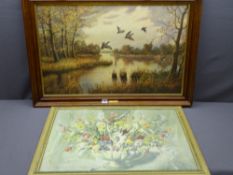 N GERO oiligraph on board - ducks in flight over marsh, signed, 49 x 78cms and a still life print