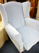 VINTAGE BLUE UPHOLSTERED WINGBACK ARMCHAIR, 106cms H, 83cms W, 55cms seat depth