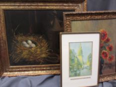 H JENKINS oil on canvas - still life, eggs in a nest alongside a paraffin lamp, 49.5 x 60cms with an