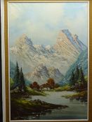 1960s OIL ON CANVAS - Alpine Lodge with mountain backdrop, 90 x 60cms