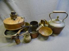 COPPER PARAFFIN LAMP, copper kettle, vintage iron handled pans, oil cans and a beaten pewter