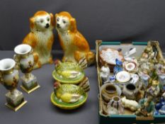 STAFFORDSHIRE POTTERY HENS, a pair, pair of Staffordshire dogs, continental figurines ETC (two