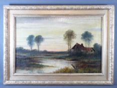 MANNER OF GLENDENING oil on canvas - riverside sunset scene, 38 x 59cms