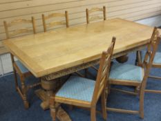EXCELLENT LIGHT OAK DRAW LEAF REFECTORY TABLE and six ladder back dining chairs, the table having