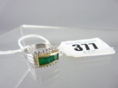 14CT WHITE GOLD EMERALD & DIAMOND DRESS RING having three square faceted yellow green emeralds,
