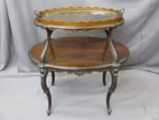 VICTORIAN MAHOGANY TRAY TOP TWO-TIER SIDE TABLE, shaped with carved detail (tray requiring