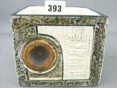 TROIKA POTTERY cube shaped vase, 8cms H, signed to the base with script mark for Sue Bladen