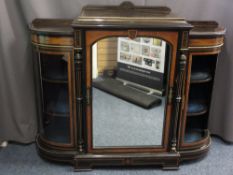VICTORIAN MIRROR FRONT CREDENZA ebonized with decorated burr walnut, boxwood stringing and gilt