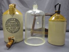 TWO VINTAGE STONEWARE JARS, a rustic three leg stool and a glass dome cover with stopper top