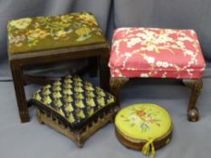FOUR VARIOUS ANTIQUE & VINTAGE STOOLS, 41cms H, 45.5cms L, 35.5cms W the largest