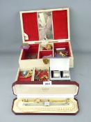 VINTAGE JEWELLERY BOX & CONTENTS including 9ct gold items, a pair of silver napkin rings, Victoria
