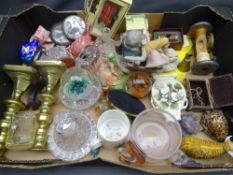 BRASS CANDLESTICKS, a pair and ornamental cabinet items including bone trinket box ETC