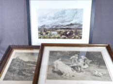 MODERN COPIED PRINT OF A LANDSCAPE AFTER SIR KYFFIN WILLIAMS RA - a sepia print - see-saw and a