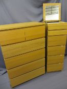 TWO ULTRA MODERN LIGHTWOOD BEDROOM CHESTS including a two short over four long drawer, 122.5cms H,