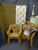 TWO VINTAGE FOLDING DRESSING SCREENS, a pair of wicker armchairs, painted standard lamp and a