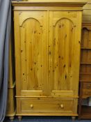 VICTORIAN STYLE REPRODUCTION PINE TWO DOOR WARDROBE with base drawer, 188cms H, 112cms W, 55cms D