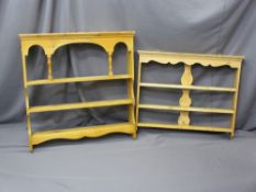 TWO VINTAGE STRIPPED PINE WALL RACKS, 78 and 96.5cm heights, 94cm widths