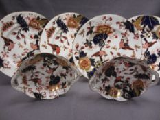 COALPORT BONE CHINA, four 27cm diameter plates and two 22cm twin-handled dishes, Imari style bird