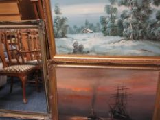 LARGE GILT FRAMED MIRROR and two 20th century oil paintings