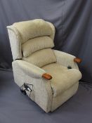 MODERN ELECTRIC RECLINING ARMCHAIR, light oatmeal upholstered, E/T, 74cms W