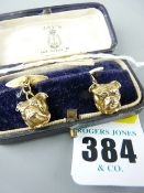 RARE BULLDOGS HEAD WITH DIAMOND EYES 18CT GOLD CUFFLINKS, 13grms untested with copy of purchase