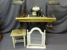MIXED PARCEL OF FURNITURE including a club type fire curb, treadle sewing machine table, cased