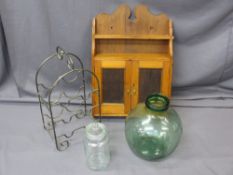 TWO DOOR VINTAGE PINE WALL CUPBOARD, two glass storage jars and a wrought iron wine rack