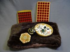 THIMBLE COLLECTION WITH RACKS, wooden boxes and a vintage fur