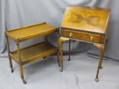 VINTAGE WALNUT FALL-FRONT LADY'S BUREAU and a two-tier oak tea trolley with turned supports,