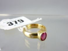18CT GOLD PINK TOURMALINE SOLITAIRE DRESS RING, the oval faceted tourmaline flanked on either side