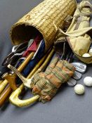 WALKING STICKS, SHOOTING STICK, & UMBRELLAS in a rush stand with a vintage golf bag and contents