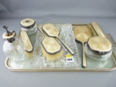 EIGHT PIECE SILVER & GUILLOCHE ENAMEL DRESSING TABLE SET, Birmingham 1929 and 1930, makers Adie