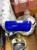 VINTAGE STYLE DESK LAMP with blue coloured shade and one other with a pottery jardiniere and stand