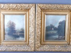 ENGLISH SCHOOL unsigned oils on canvas, a pair - riverside landscape with cattle and fishing boat,