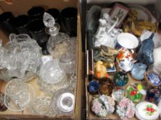TWO BOXES OF POTTERY ANIMAL ORNAMENTS FIGURINES, cut and other glassware and paperweights
