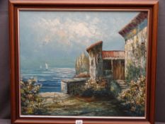 UNSIGNED OIL ON BOARD - a continental lake scene, 50 x 60cms