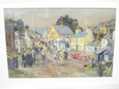 MOSS WILLIAMS watercolour - busy humorous village street scene with numerous vehicles, figures