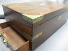 VICTORIAN MAHOGANY BRASS BOUND WRITING SLOPE with secret side drawer, 15cms H, 42.5cms W, 24.5cms D