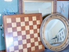 CIRCULAR CONVEX BOBBLE MIRROR, framed tapestries, timber framed mirror and a