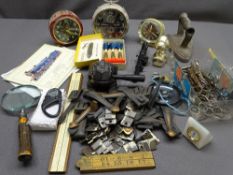 RETRO BEDROOM CLOCKS, old steam iron, vintage metal carpet clips ETC