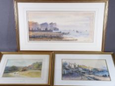 JOSEPH HUGHES CLAYTON watercolour - coastal scene with cottage, boats and figure, signed, 20 x