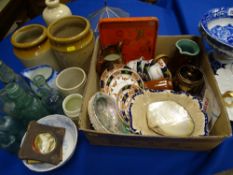 VINTAGE SODA BOTTLES WITH MARBLES, Staffordshire teaware, mixed porcelain, mother of pearl shells,