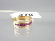 14CT GOLD RUBY & DIAMOND HALF HOOP DRESS RING having nine square faceted rubies with a band of