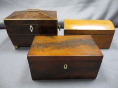 GEORGIAN LIDDED BURR YEW BOX & TWO OTHERS, various measurements