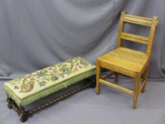 ANTIQUE OAK FARMHOUSE CHAIR and a long footstool with tapestry top on barley twist supports and