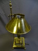 BRASS FOUR FOOTED SQUARE BASED CONVERTED TABLE LAMP, labelled 'Orient Express'